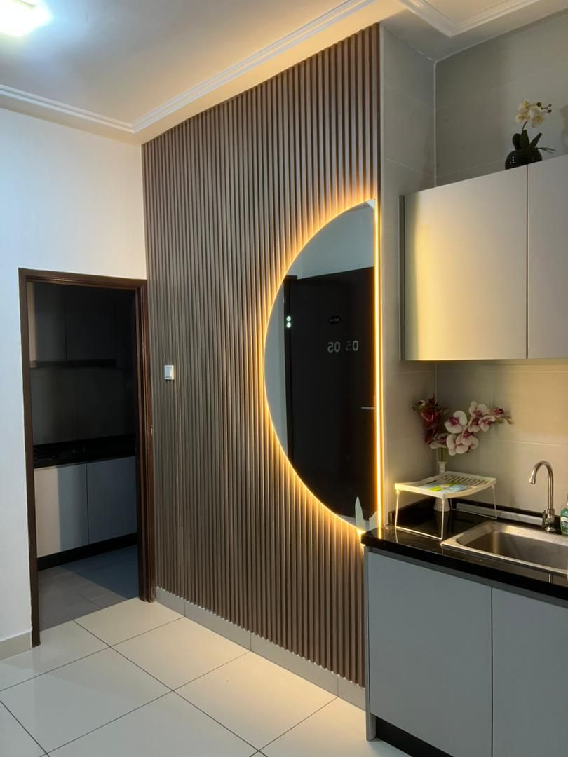 Classic Wood Fluted Kitchen Wall with Mirror Lighting